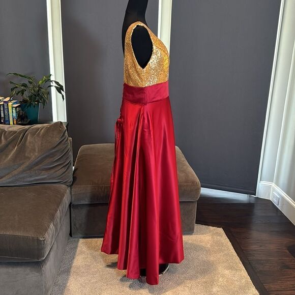 Women’s Gold Sequined Bodice V-Neck Red Satin Prom Party Dress *Size M/L - Picture 4 of 11